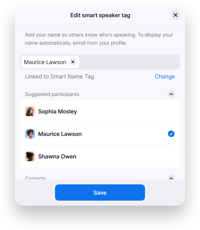 Edit smart speaker tag modal - linked to Smart Name Tag