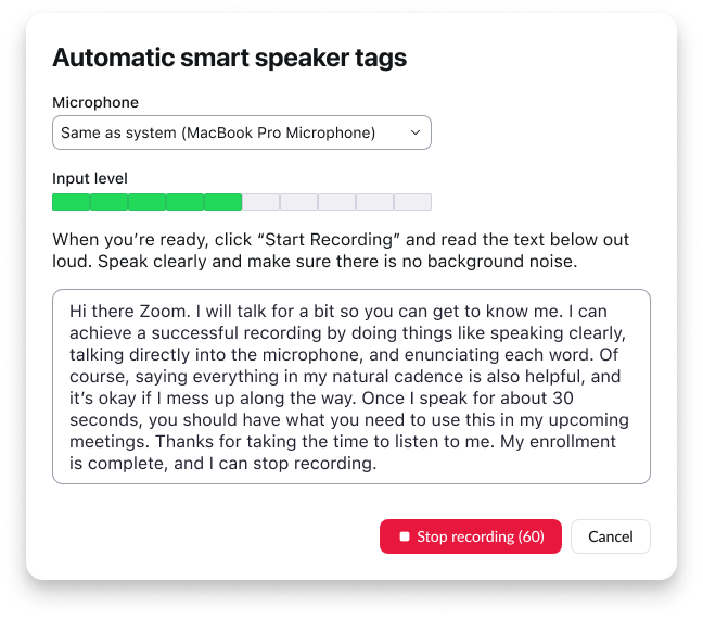 Voice enrollment - recording in progress