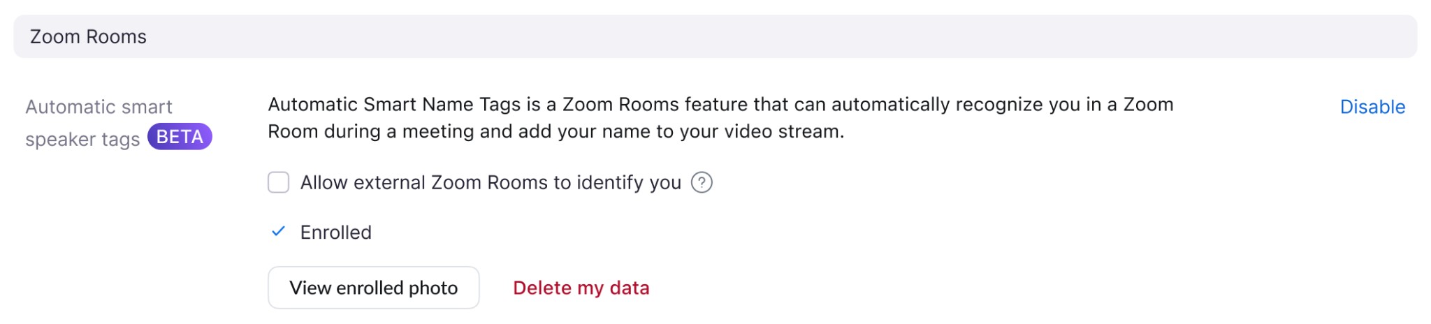 User profile with option to remove enrolled data