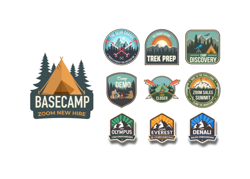 Basecamp program and role logos - Trek Prep, Camp Discovery, Zoom Sales Summit, CSM/SE/Sales onboarding