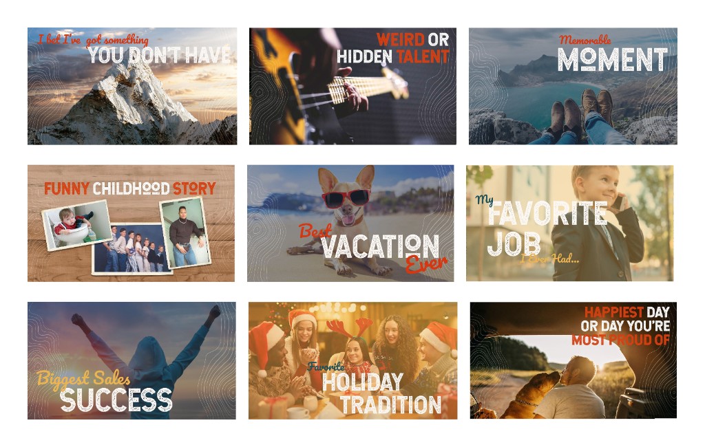 Zoom Roulette topic prompts - icebreakers for daily sessions (talents, moments, vacation, traditions)