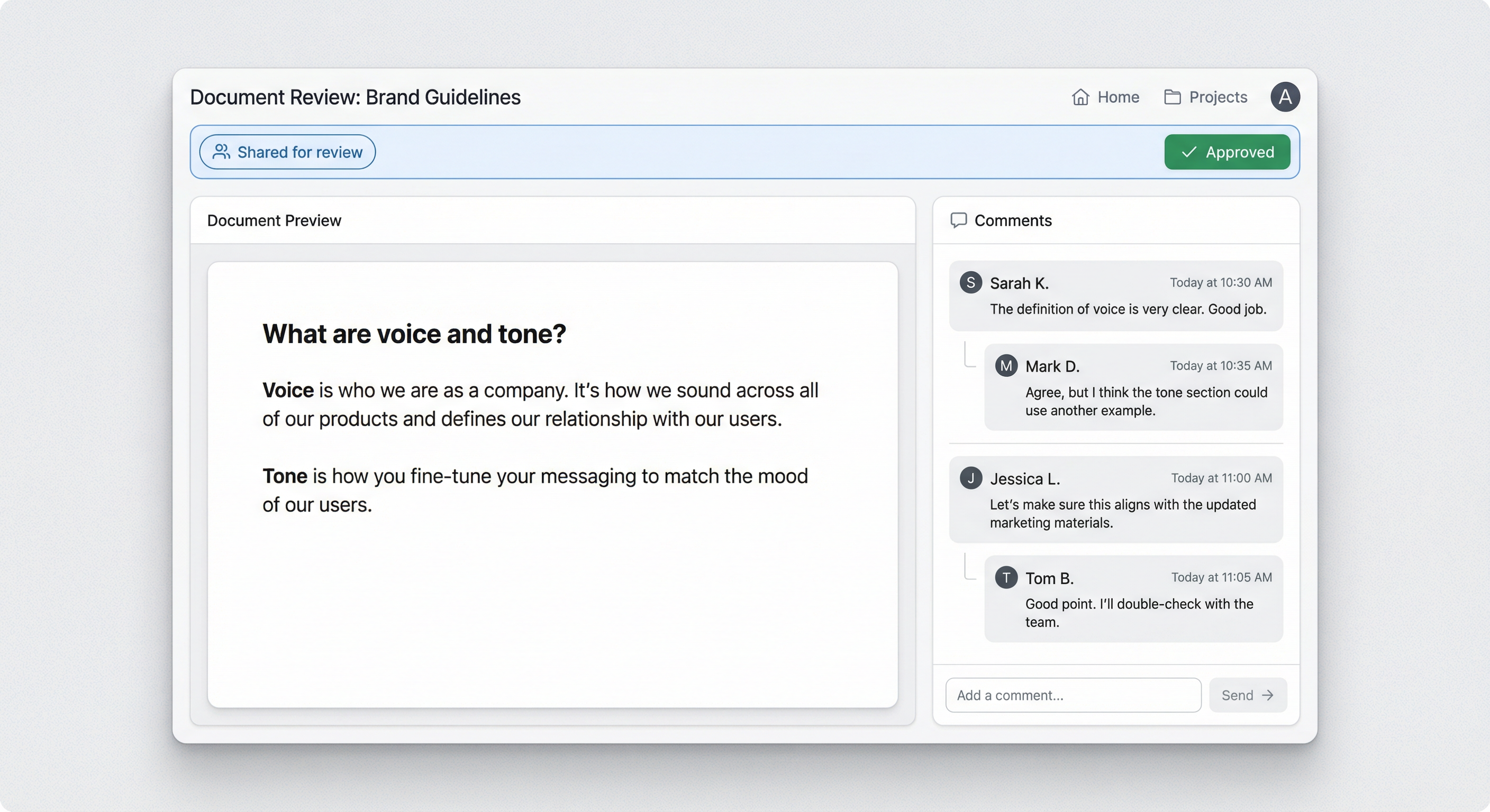 Async document review workflow with comments and approval status
