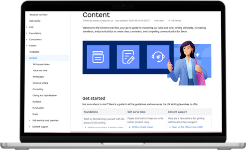 Content overview page with voice, tone, and writing guidelines