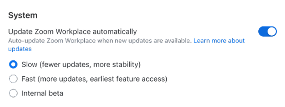 System updates (after): toggle and radio buttons